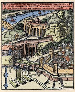 Representasjon av en akvedukt. Coloree gravering fra "" De Architectura"" av Vitruva (1. århundre f.Kr.) - Utgave av Gottardo da Ponte, Come av Italian School