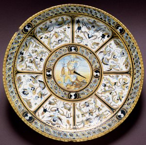 Representasjon av de romerske heltene Scaevola (Muzio Scevola) Keramisk plate produsert i Urbino, Italia. 1590 ca. Firenze, Bargello nasjonalmuseum av Italian School