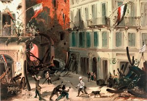 Revolutions of 1848, Five Days of Milan: barrikader nær Pusterla Beatrice gate 22. mars (maleri av Italian School