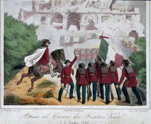 Risorgimento, Romersk republikk (Repubblica romana): soldatene fra hæren til Giuseppe Garibaldi, på hesteryggen, prøver å gjenerobre villaen til Quattro Venti i Roma 03.06.1849. Litografi Roma nasjonalmuseum for Risorgimento av Italian School