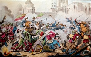 Risorgimento: Kampene i Palermo 26. mai 1860. De tusen ekspedisjon (røde skjorter). Giuseppe Garibaldi (1807-1882) mellom Palermo og folket i opprør sluttet seg til ham for å kjempe mot soldatene i Bourbon-riket Napoli. Gravering fra 1800-tallet av Italian School