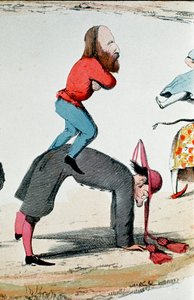 Risorgimento: satirisk tegning som skildrer heltene til Risorgimento Giuseppe Garibalidi (1807-1882) som regulerer det romerske spørsmålet, politisk kontrovers om Romas rolle, sete for pavens timelige makt og hovedstaden i det nye riket av Italian School