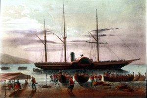 Risorgimento: avgang 8/08/1860 til Giuseppe Missori, offiser for hæren til Giuseppe Garibaldi (1807-1882), i detroit av Messina mot fortet Villa San Giovanni. Illustrasjon av 1800-tallet av Italian School