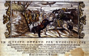 Ruggiero lykkes med å rømme fra øya Alcina, og redder senere Angelica fra orken - Scene for det ridderlige diktet "Orlando Furioso" av Ludovico Ariosto av Italian School