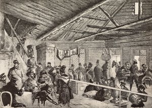 Russiske soldater i taverna nær Warszawa festningsverk, Polen, gravering fra skisse av Fritzmann, fra L'Illustration Italiana, nr. 5, 3. februar av Italian School