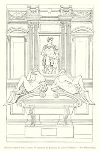 Det nye sakristiet i San Lorenzo, Ensemble of the Tomb of Giuliano de Medici, av Michelangelo (gravering) av Italian School