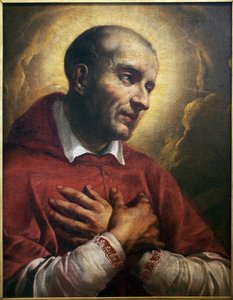 Saint Charles Borromee (1538-1584). (San Carlo Borromeo) Fragment av et anonymt maleri av Napoli (Italia), olje på lerret 1600-tallet. Museum of Fine Arts i Angers. av Italian School