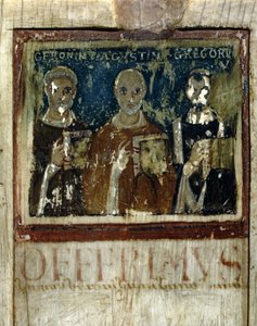Saint Hieronymus, Saint Augustine (354-430) og Saint Gregoire I den store (540-604), Detalj fra Diptych of Boece, ca. 487 (miniatyr på elfenben) av Italian School