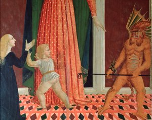 Santa Maria del Soccorso eller Mary Help of Christians Detalj av en demon (Detalj av en djevel) Maleri av den florentinske skolen på 1400-tallet Firenze Chiesa di Santo Spirito av Italian School