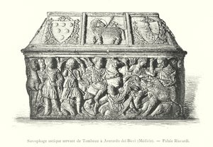 Gammel sarkofag som tjener som graven til Averardo dei Bicci, Medicis, Riccardi-palasset (gravering) av Italian School