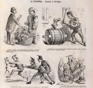 Satirisk tegneserie dedikert til vindyrkingskrise forårsaket av phylloxera, illustrasjon fra satireavisen Spirito Folletto, 18. september av Italian School