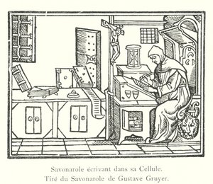 Savonarola skriver i sin celle, fra Savonarola av Gustave Gruyer (gravering) av Italian School