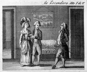 Scene 5 i akt I av stykket "La locandiera"" (1753) av Carlo Goldoni (1707-1793). Gravering fra 1700-tallet av Italian School