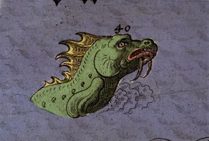 Sjømonster: representasjon av en sjøslange. Detalj av et kart over Atlas of Urbano Monte av Italian School