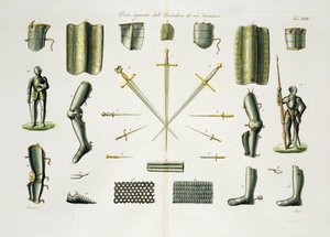 Separate Pieces of a Knights Armour, plate 18 fra The History of the Nations, gravert av G. Lago av Italian School