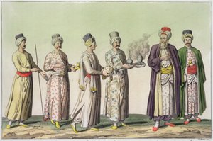 Tjenere som bærer en pipe, en vase med søtsaker, kaffe, en kopp og en kanne med rosevann, tallerken 57 fra del III, bind I av 
