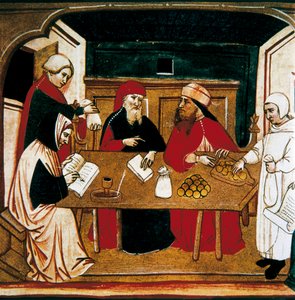 Signatur for en transaksjon, en notarius registrerer handlingen og en bankmann teller myntene. av Italian School