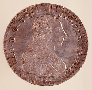 Sølv Piastra fra Napoli: Reign of Charles III of Spain (1716-1788) og portrett. 1750. Diameter. 4 cm Napoli, arkeologisk museum av Italian School