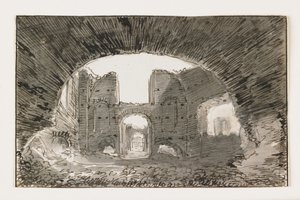 Sketch of the Baths of Caracalla, tidlig på 1800-tallet (penn og brunt blekk med grå vask over svart kritt) av Italian School