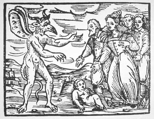 Trollmenn som presenterer et barn for djevelen, fra Compendium Maleticarum av Fr M Guaccius (1608) illustrert i en magihistorie publisert sent på 1800-tallet av Italian School