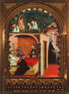 St. Hieronymus i sin celle og drømmen om St. Hieronymus, ca. 1450 (olje på panel) av Italian School