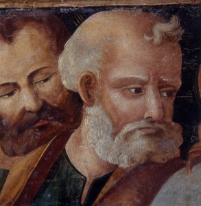 St. Peter, detalj av altertavlen som viser Madonna og barnet med de hellige Peter og Paul, 1540 (tempera på panel) av Italian School