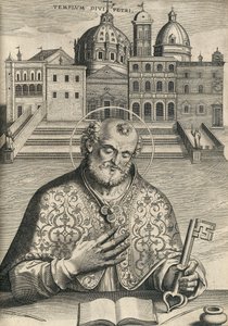 St Peter foran St Peters Basilica fra Septem Urbis Primariae Church, pub. 1599 av Italian School