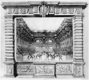 Scenedesign av Giacomo Torelli (1608-78) for la Finta Pazza fremført i 1645 på Theatre Petit Bourbon i Paris, 1654 av Italian School