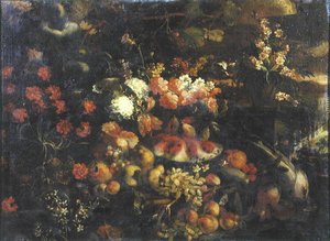 Stilleben med frukt og putti (olje på panel) av Italian School