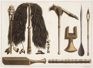 Tahitiske verktøy og seremonielle instrumenter, illustrasjon fra en samling reisebøker fra tidlig på 1800-tallet av Italian School
