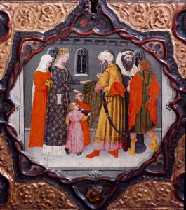 Tiende dag, niende nyheter: dagen til Messer Torello og Saladin (1138-1193) (Salah al Din Yusuf al-Ayyubi (al Ayyubi). Malt boks som illustrerer "Decameron" "av Giovanni Boccaccio (Jean Boccaccio) (1313-1375) ) ). 1400-tallet. Firenze, Museo Nazionale del  av Italian School