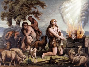 The Adoration of the Lamb (Cain and Abel) - Cain et Abel (som ofrer en sau) i "Golden Classic Bible: History of Divine Revelation in the Ancient and New Tension" "av Giovanni Ladislao Sykora (bd. 1), oversatt av Don Clemente Benetti. (Italia av Italian School