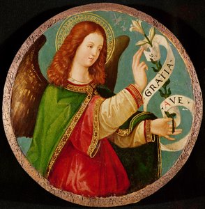 Bebudelsens engel (olje på panel) av Italian School