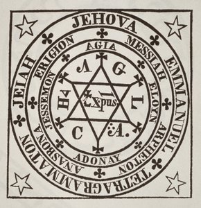 Agrippas store magiske sirkel for fremkalling av demoner, kopi av en illustrasjon fra Les Oevres Magiques de Henri Corneille Agrippa, Roma 1744, brukt i en magihistorie, utgitt sent på 1800-tallet av Italian School
