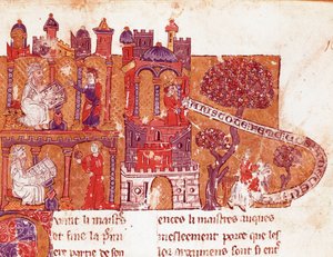 Den greske filosofen Aristoteles (383-322 f.Kr.) lærer elevene sine moral og kvinneforakt (mysoginia) Miniatyr fra et italiensk manuskript fra 1300-tallet. Bibliotheque Inguimbertine Municipal de Carpentras. av Italian School