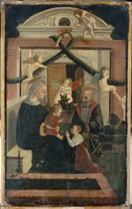 Den hellige familie med giver i bønn og lekende engler, ca. 1460 (tempera på furuved) av Italian School