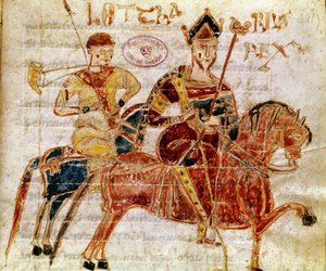 Kongen av francene og deretter Lotharia I (9. århundre) Miniatyr fra "Codex Legum Longobardorum" (eller Langobardorum) som beskriver lovene i det langobardiske riket etablert av kong Rothari av Italian School