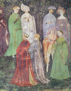Juni måned, detalj om adelsmenn og kvinner som går, ca. 1400 (fresco) av Italian School