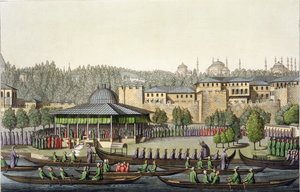 Presentasjonen av admiralen til sultanen, plate 14 fra del III, bind I av The History of the Nations, gravert av Giacomo Bussi, ca. 1820 (akvatint) av Italian School
