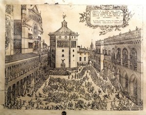 Taurus-festen på det store torget i Cremone (Cremona) i Italia. Gravering av Cremona fra 1500-tallet, Museo Civico Italia av Italian School