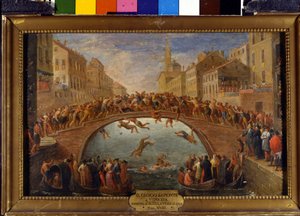 Spillet av broen har Venezia Kampen om batongene på Ponte Santa Fosca. Maleri av den venetianske skolen. 18. århundre. av Italian School