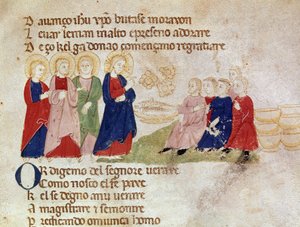 Multiplikasjonen av brød og fisk Miniatyr hentet fra "" Del novo e del vedre testamento"" av Pietro da Barsegape (1200-tallet) 1300-tallet Milano, Biblioteca Braidense av Italian School