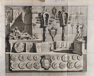 The sistrum (sistra), forskjellige representasjoner fra De sistrum av Benedictus Bacchinius (1651-1721) av Italian School