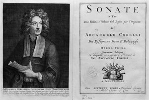 Tittelsiden til Sonate a Tre med et portrett av Arcangelo Corelli (1653-1713) av Italian School