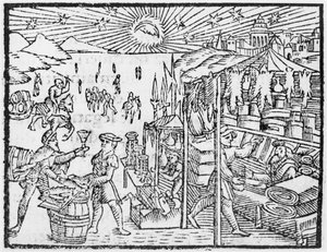 Handel i Skandinavia, illustrasjon fra History of the Northern Nations av Olaus Magnus (1490-1558), utgitt i Roma, 1555 av Italian School