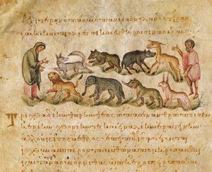 Avhandling om de mange dyreartene som bor på jorden, illustrasjon fra Cynegetica av Oppian (tempera på vellum) av Italian School