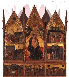 Triptych: Madonna and Child Enthroned flankert av scener fra St. Bartholomews liv med et predellapanel med scener fra Kristi liv, School of the Marches av Italian School