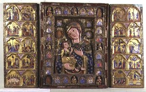 Triptyk om Madonna og barnet med evangelister, profeter og scener fra Kristi liv (tre, sølvfiligran og emalje) av Italian School