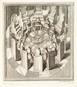 Tolv dommere fra Rota ber i en sirkulær sal rundt Den Hellige Ånd, pub. 1717 (gravering) av Italian School