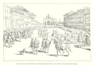 En karusell på 1500-tallet, på Plaza de Santa Croce, faksimile av en gravering fra tid (gravering) av Italian School